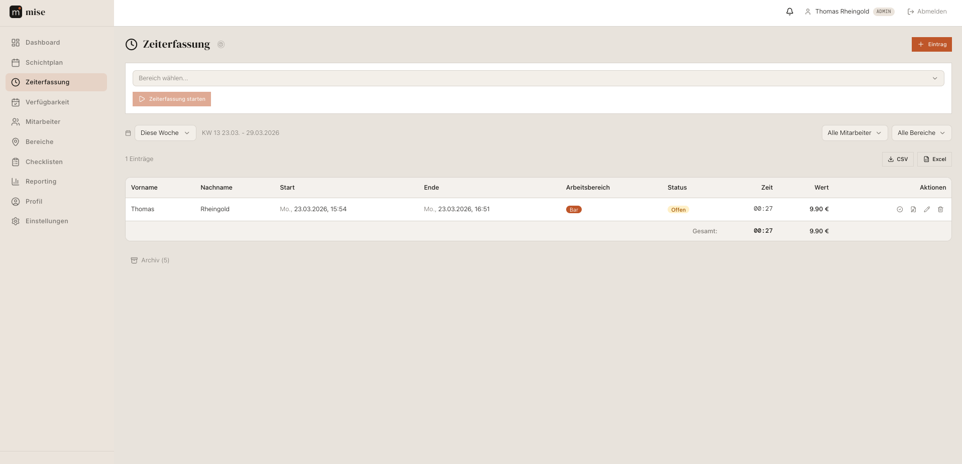 Digitale Zeiterfassung in mise mit Stempeluhr
