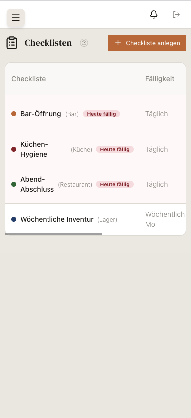 mise Checklisten auf dem Handy